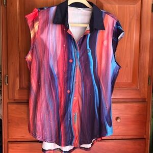 Pixie Lady button down cap sleeve blouse, striped.